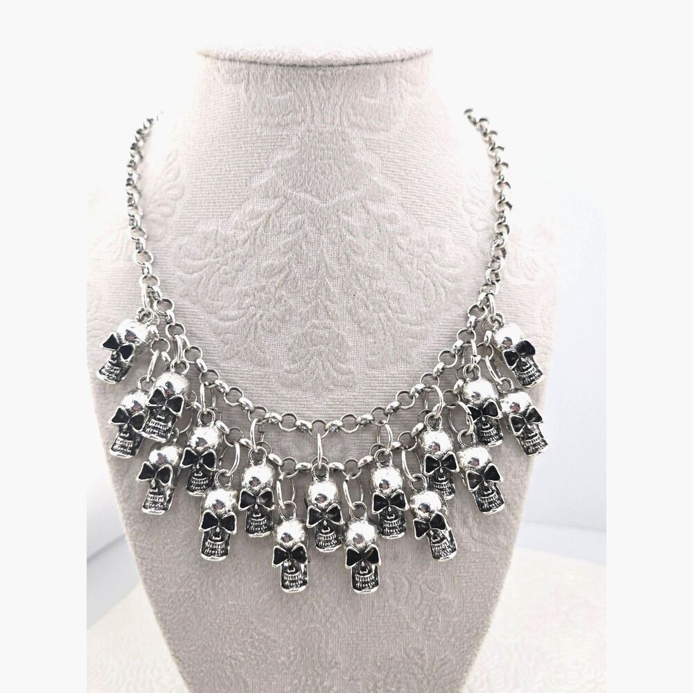 Cascade Skull Charm Necklace Silver Tone Chain Punk Glam Goth 16" Statement